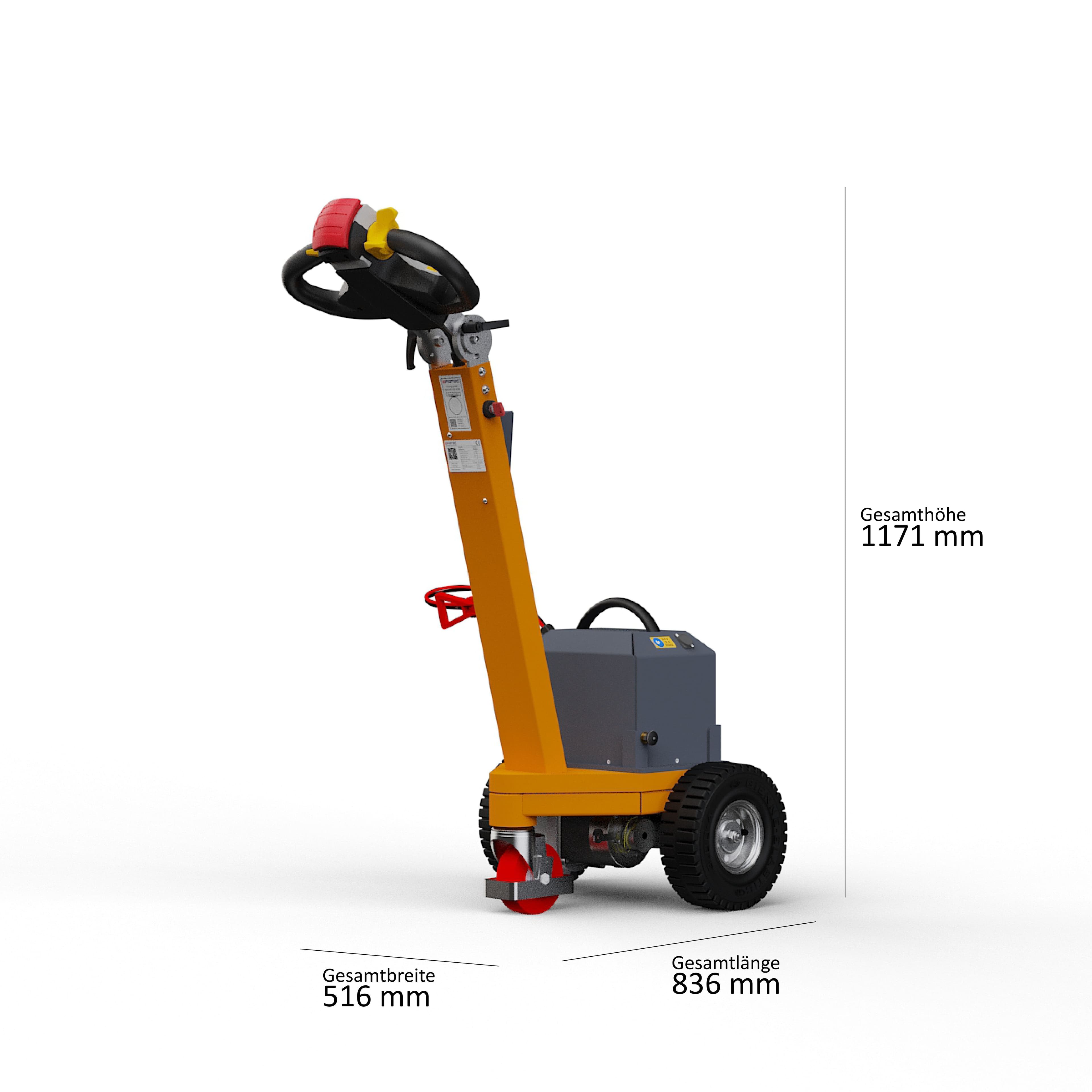 ISO-Darstellung des Elektroschleppers Dragger 1000 mit den Hauptabmessungen
