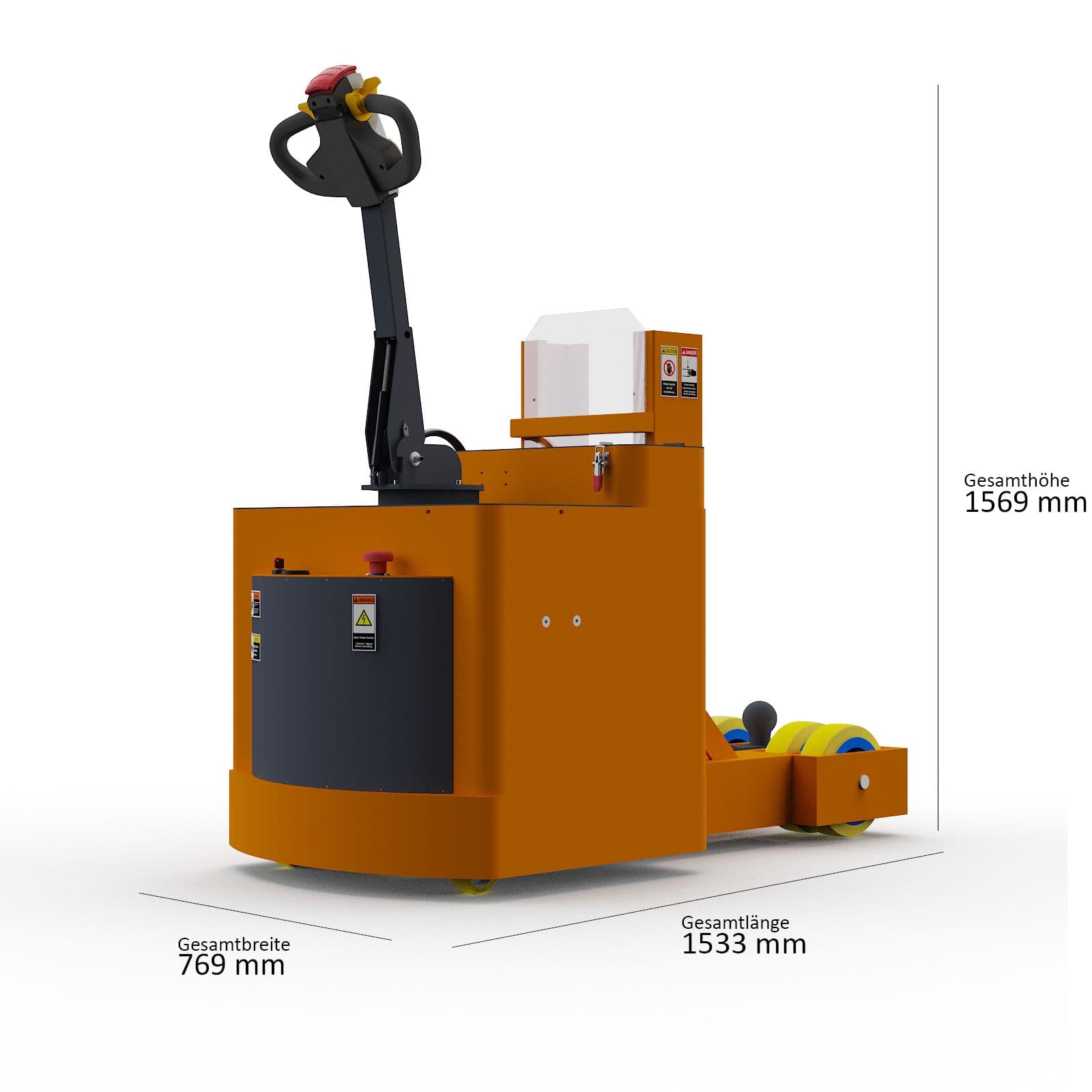 ISO-Darstellung des Elektroschleppers Jack 12 mit den Hauptabmessungen