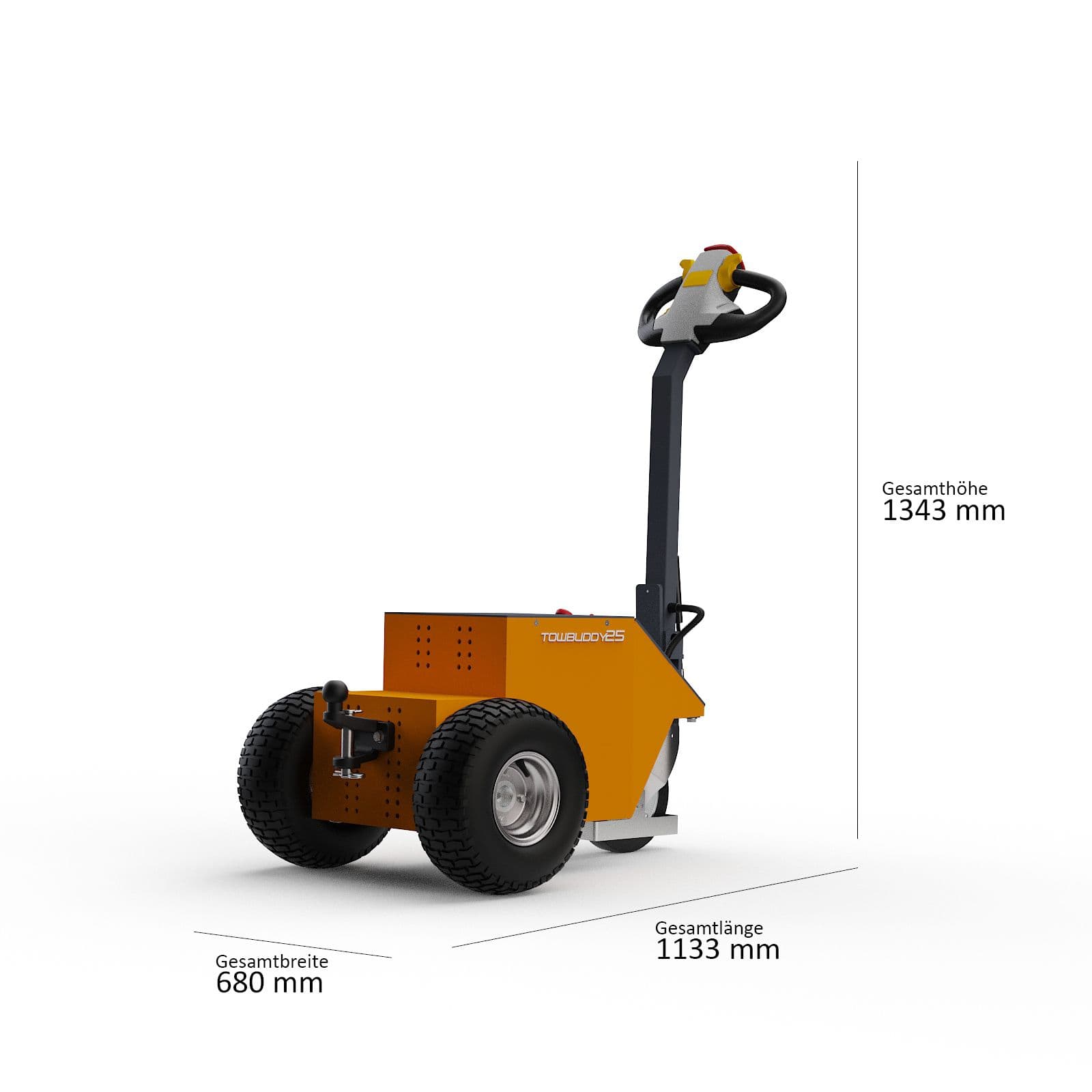 ISO-Darstellung des Elektroschleppers Towbuddy 35 mit den Hauptabmessungen