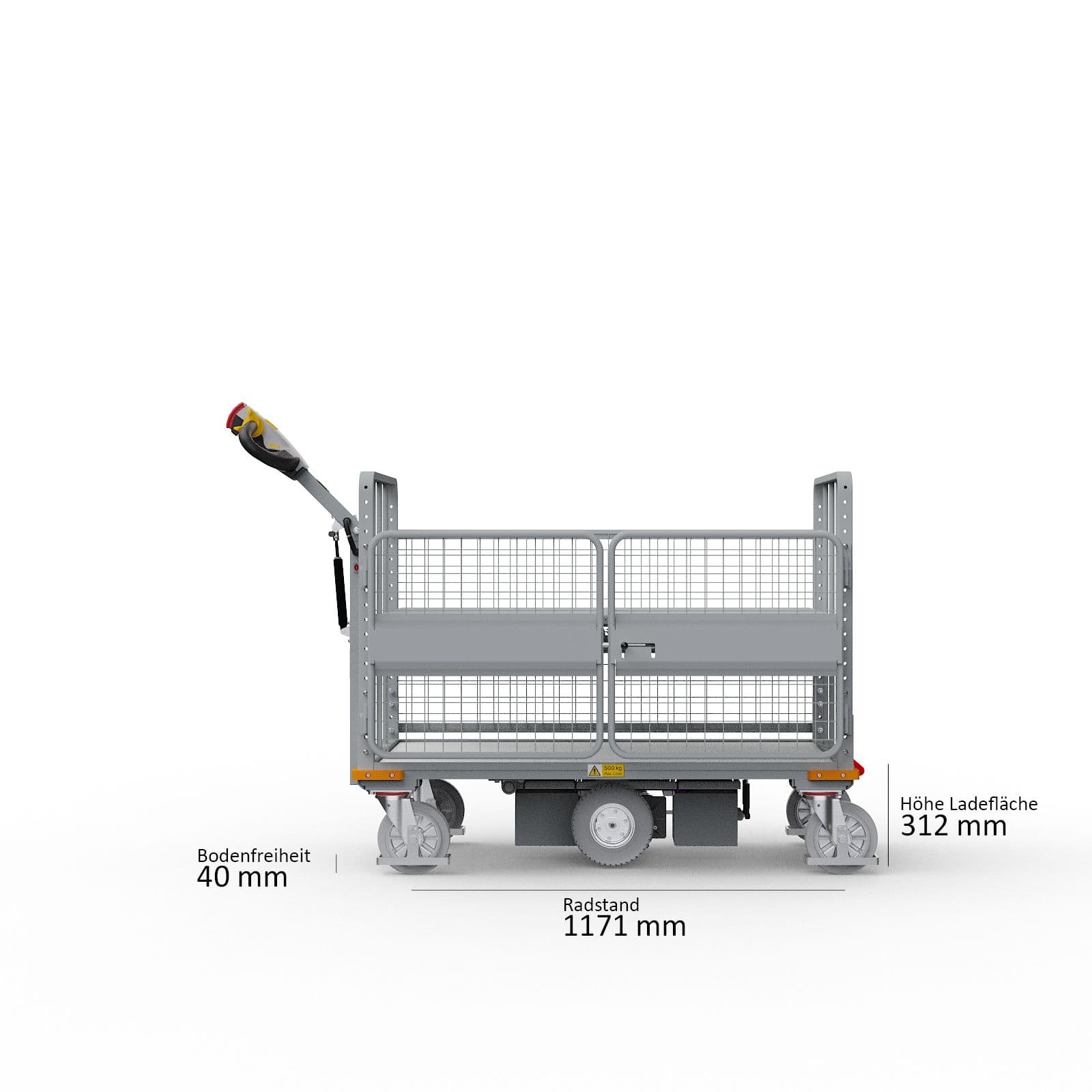Seitenansicht des Elektro-Plattformwagens Trolley 500 M XE mit Höhen- und Längenmaßen