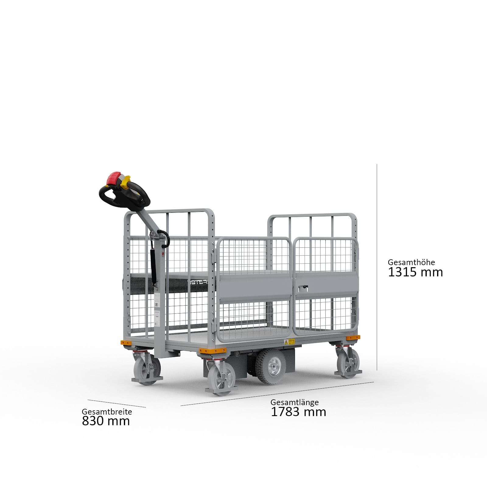 ISO-Darstellung des Elektro-Plattformwagens Trolley 500 M XE mit den Hauptabmessungen