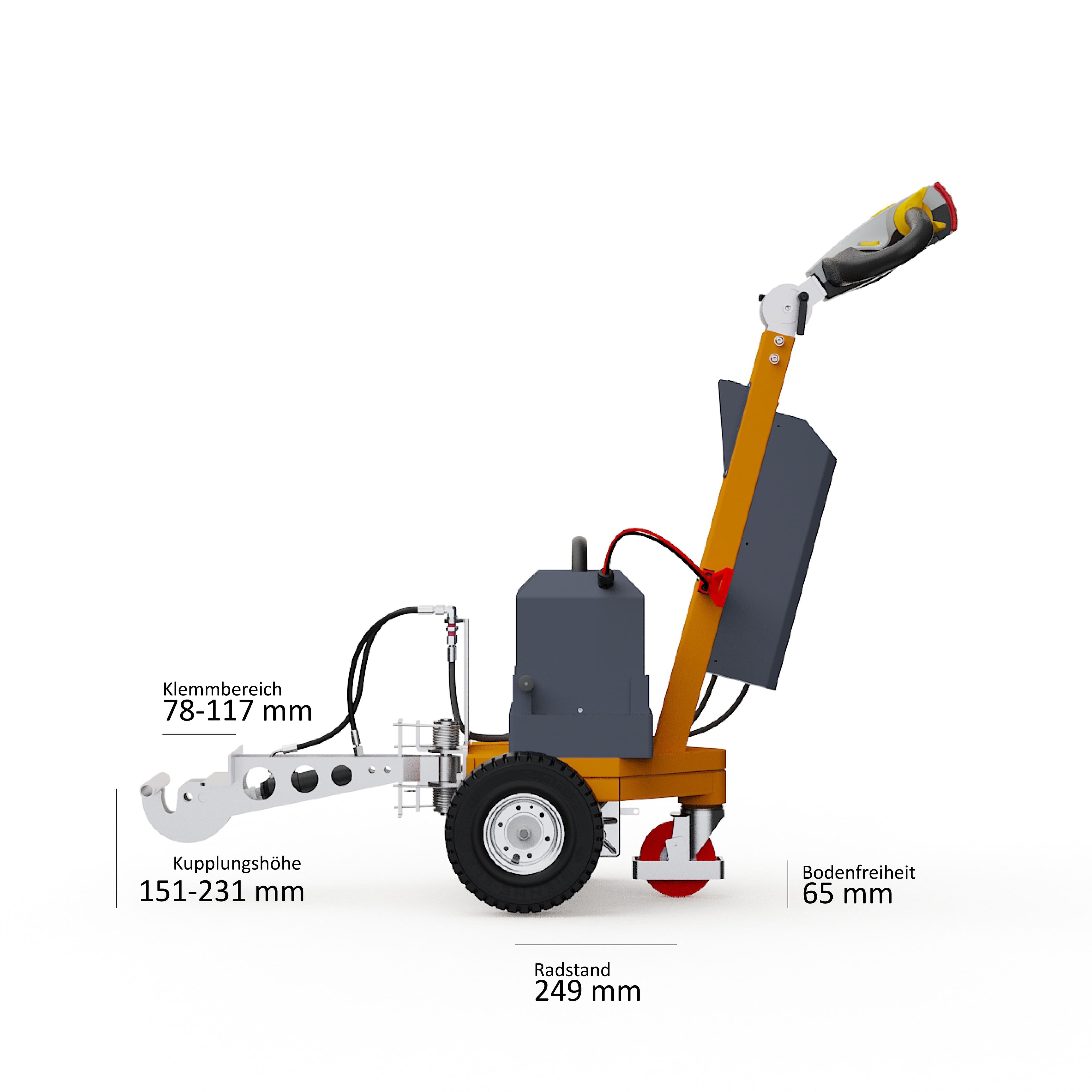 Seitenansicht des Elektroschleppers Dragger 1000 HK1 mit Maßangaben