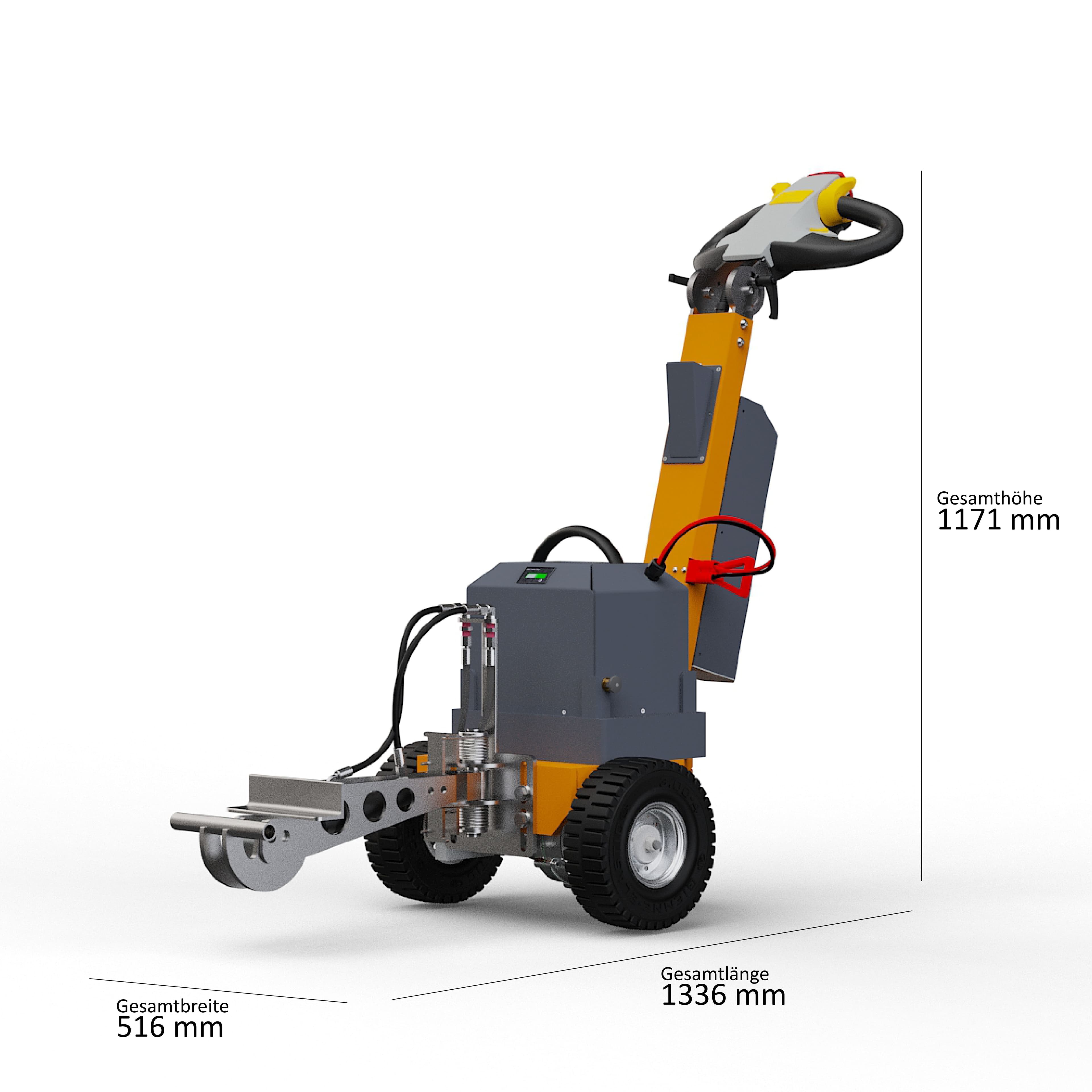 ISO-Darstellung des Elektroschleppers Dragger 1000 HK1 mit den Hauptabmessungen