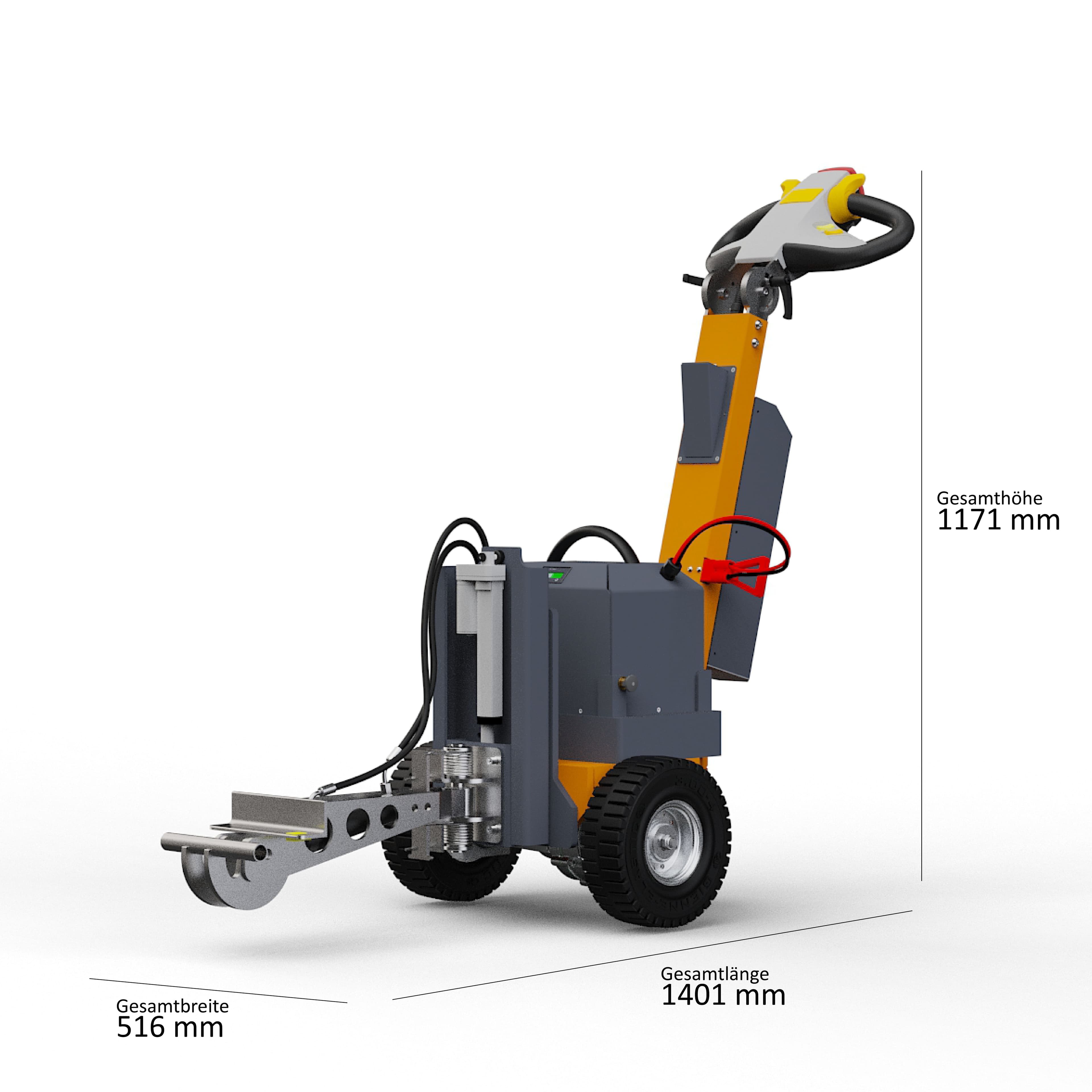 ISO-Darstellung des Elektroschleppers Dragger 1000 HK2 mit den Hauptabmessungen