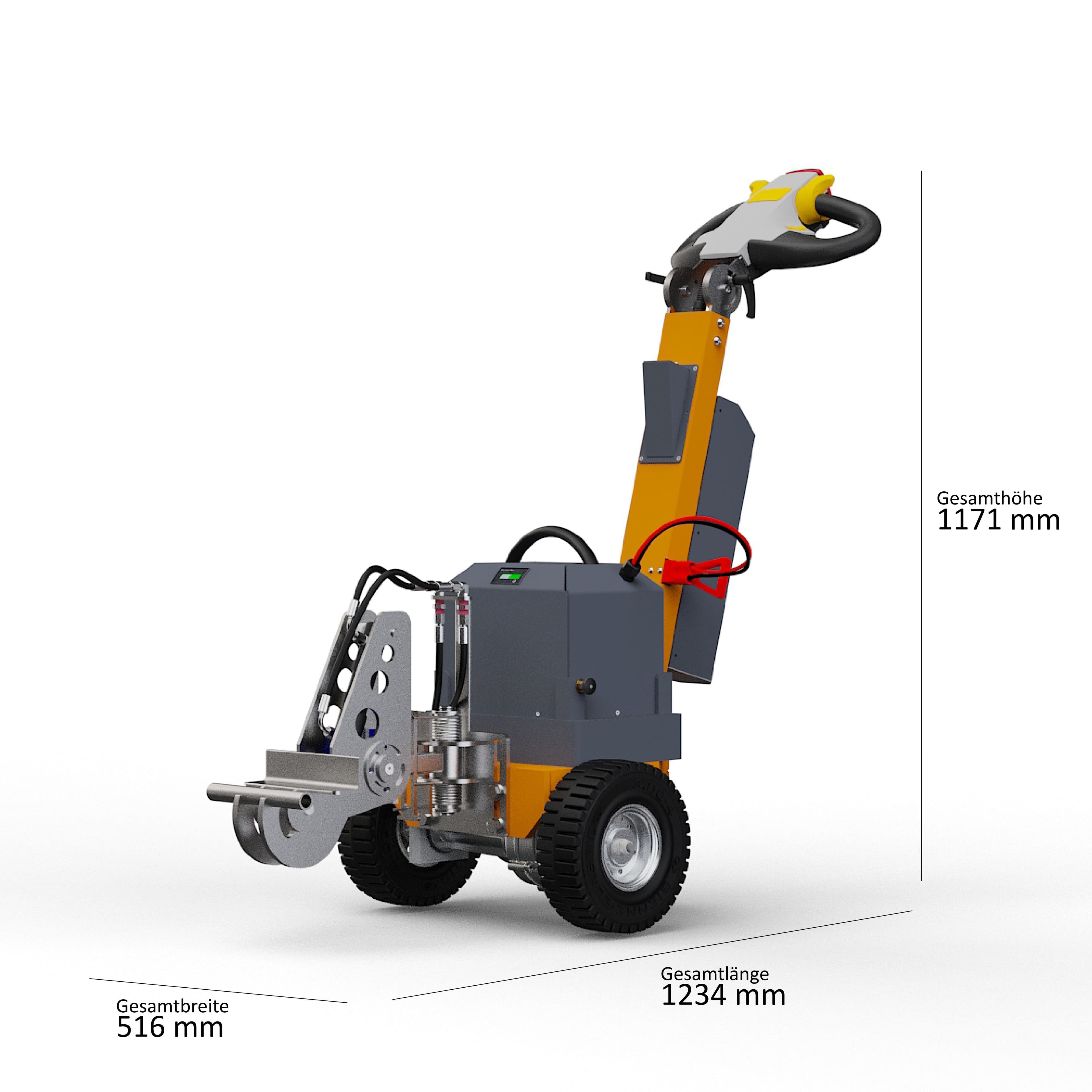 ISO-Darstellung des Elektroschleppers Dragger 1000 HK3 mit den Hauptabmessungen