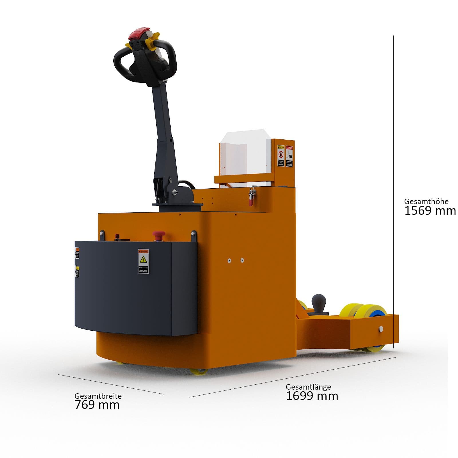 ISO-Darstellung des Elektroschleppers Jack 16 mit den Hauptabmessungen