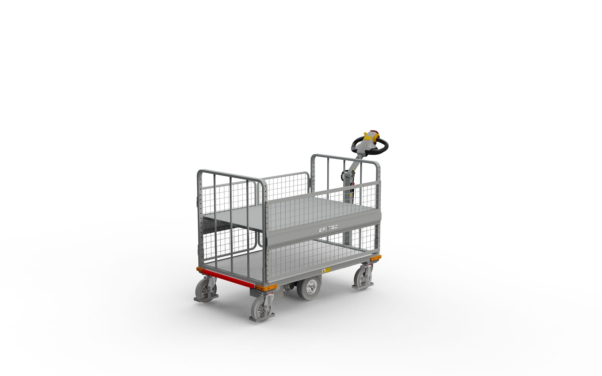 Schrägansicht des Elektro-Plattformwagens Trolley 500 M XE mit 1260x800 mm Ladefläche