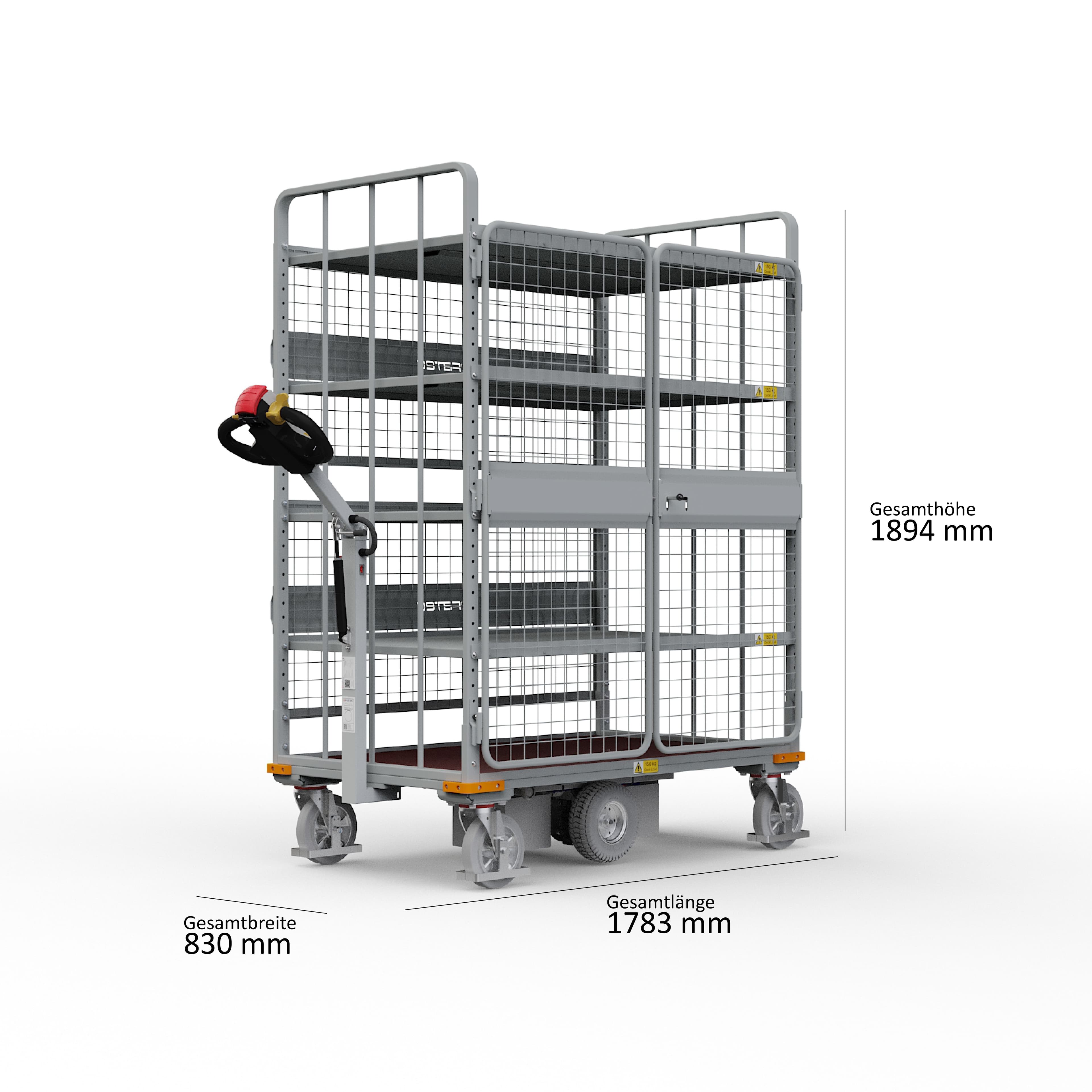 ISO-Darstellung des Elektro-Plattformwagens Trolley 500 H XE mit den Hauptabmessungen