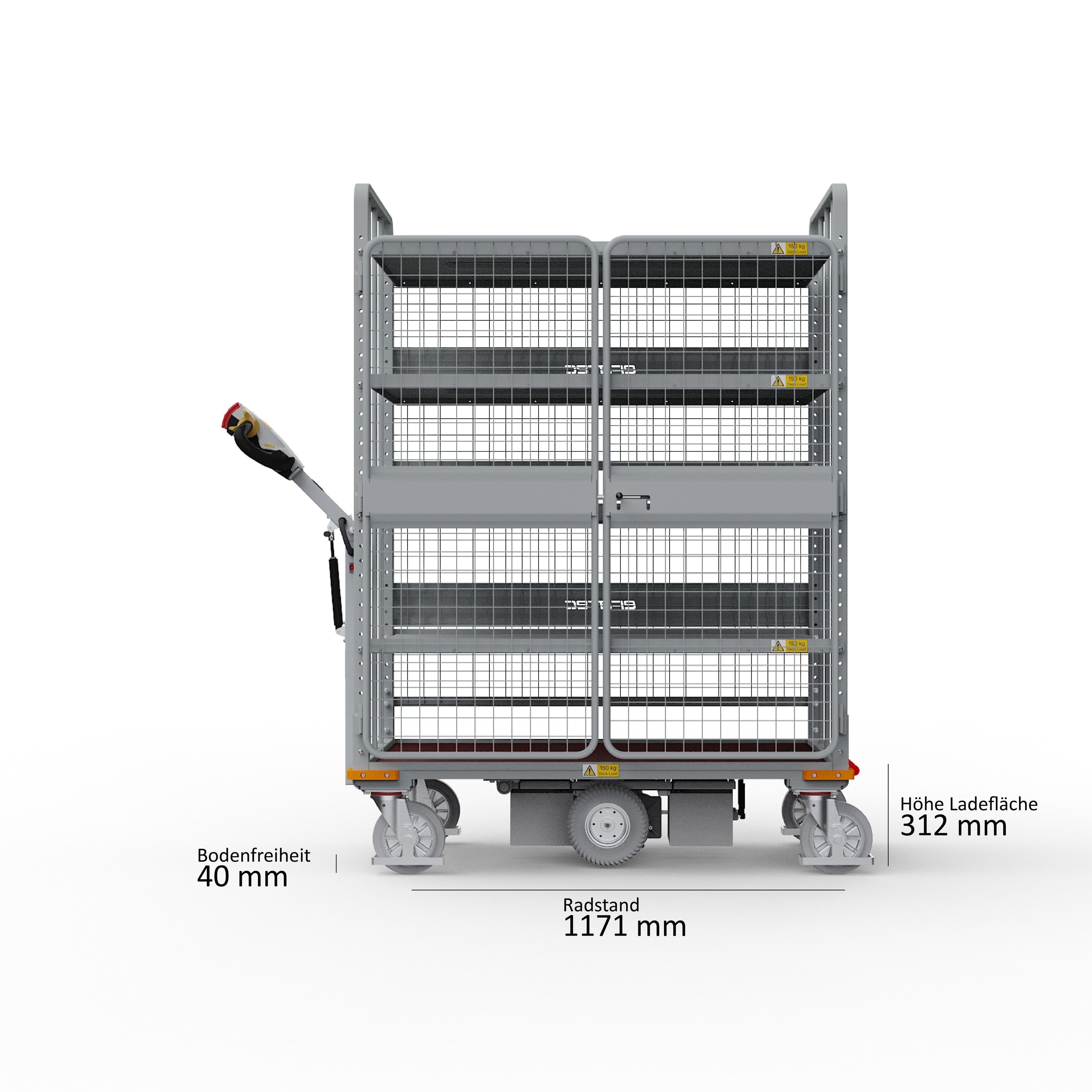 Seitenansicht des Elektro-Plattformwagens Trolley 500 H XE mit Höhen- und Längenmaßen