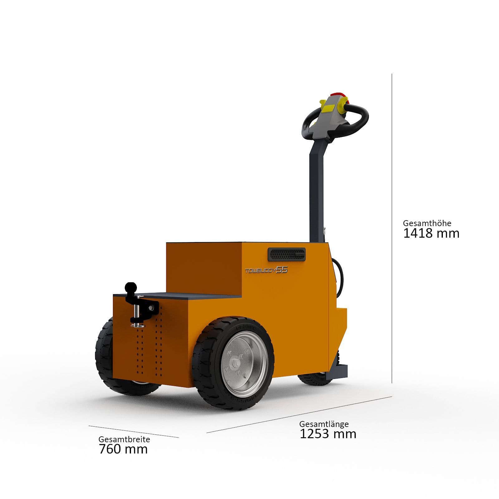 ISO-Darstellung des Elektroschleppers Towbuddy 75 mit den Hauptabmessungen